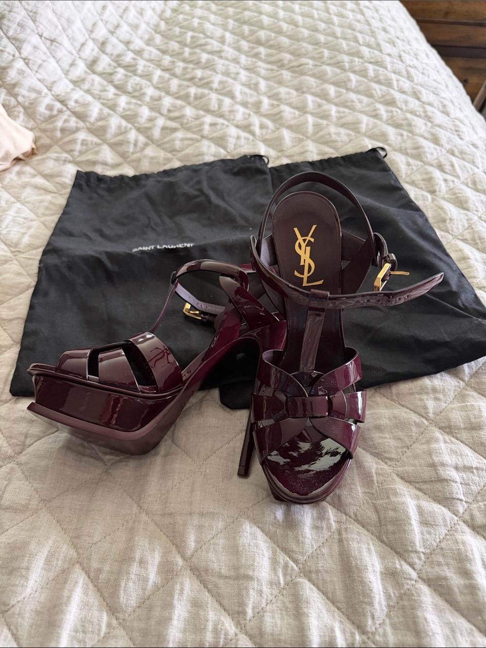YSL Saint Laurent Patent Platform Sandals in Deep Bordeaux